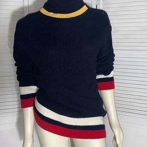 Talbots Navy Cowl Turtleneck Sweater with Red White Yellow Stripes